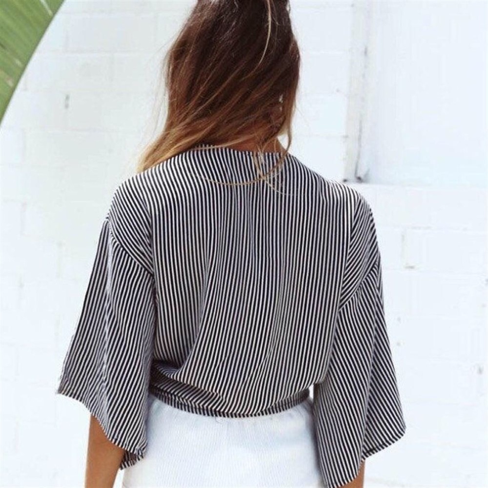 Striped Tie Front Short Sleeve Cropped Blouse - Picture 6 of 8